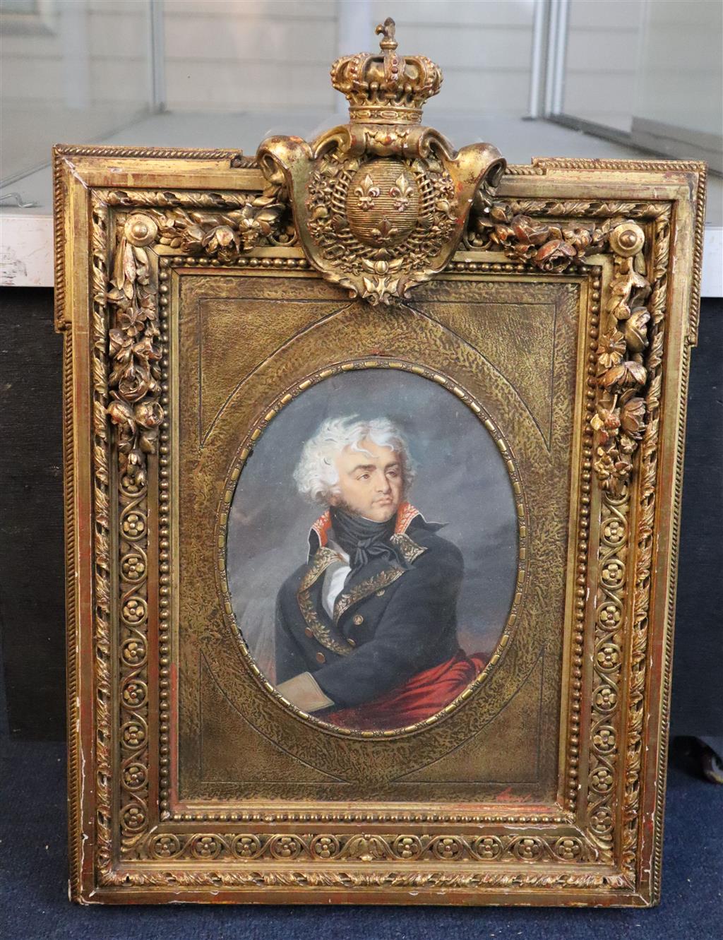 Attributed to Jean Guerin (1760-1836) Portrait of General Kleber 8.75 x 6.75in., ornate gilt gesso frame